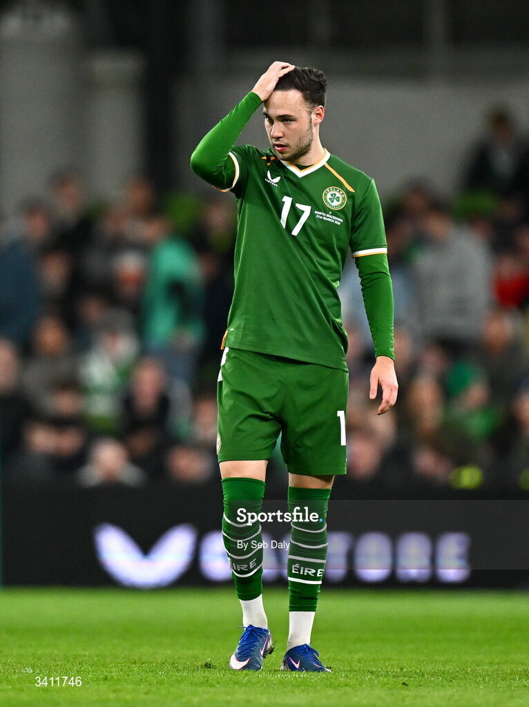 31 March 2026; Harvey Vale of Republic of Ireland during the international friendly match between Republic of Ireland and North Macedonia at the Aviva Stadium in Dublin. Photo by Seb Daly/Sportsfile
