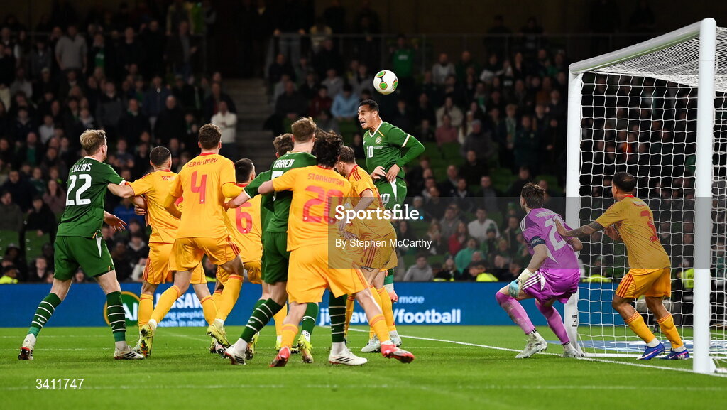 31 March 2026; Adam Idah of Republic of Ireland has a header on goal during the international friendly match between Republic of Ireland and North Macedonia at Aviva Stadium in Dublin. Photo by Stephen McCarthy/Sportsfile