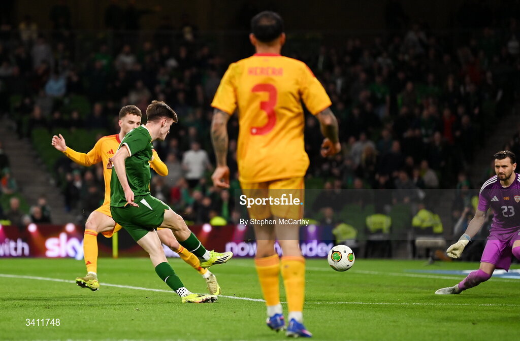 31 March 2026; Johnny Kenny of Republic of Ireland has a shot on goal during the international friendly match between Republic of Ireland and North Macedonia at Aviva Stadium in Dublin. Photo by Stephen McCarthy/Sportsfile