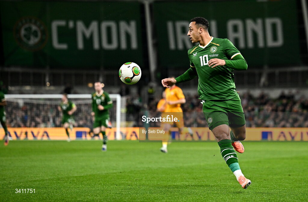 31 March 2026; Adam Idah of Republic of Ireland during the international friendly match between Republic of Ireland and North Macedonia at the Aviva Stadium in Dublin. Photo by Seb Daly/Sportsfile
