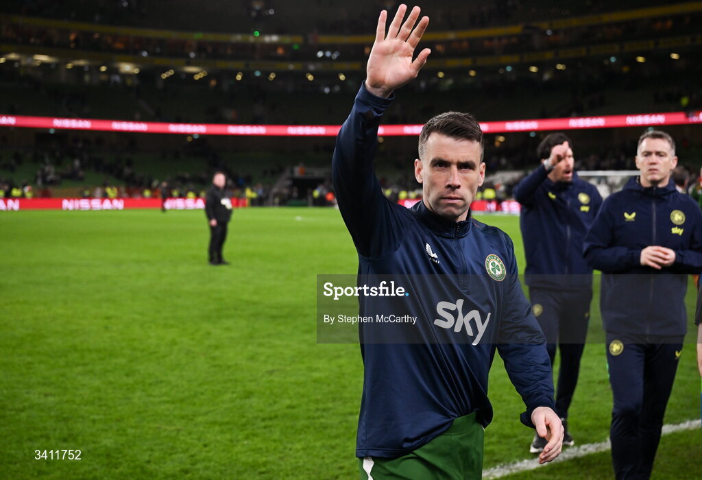 31 March 2026; Seamus Coleman of Republic of Ireland waves to supporters after the international friendly match between Republic of Ireland and North Macedonia at Aviva Stadium in Dublin. Photo by Stephen McCarthy/Sportsfile