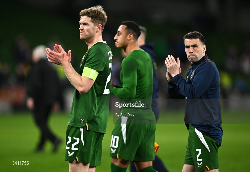 31 March 2026; Seamus Coleman of Republic of Ireland, right, applauds supporters after the international friendly match between Republic of Ireland and North Macedonia at the Aviva Stadium in Dublin. Photo by Seb Daly/Sportsfile