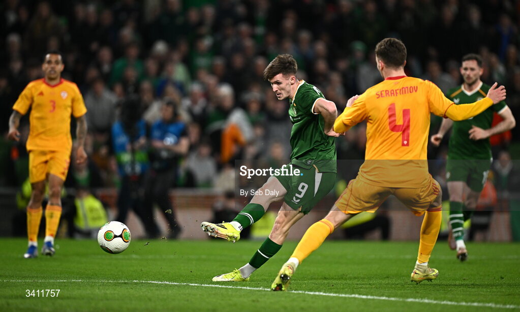 31 March 2026; Johnny Kenny of Republic of Ireland has a shot on goal during the international friendly match between Republic of Ireland and North Macedonia at the Aviva Stadium in Dublin. Photo by Seb Daly/Sportsfile