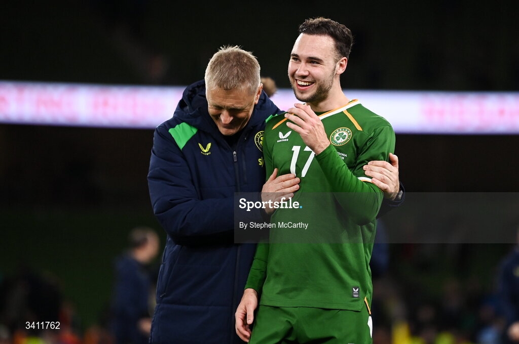 31 March 2026; Republic of Ireland head coach Heimir Hallgrimsson, left, and Harvey Vale after the international friendly match between Republic of Ireland and North Macedonia at Aviva Stadium in Dublin. Photo by Stephen McCarthy/Sportsfile