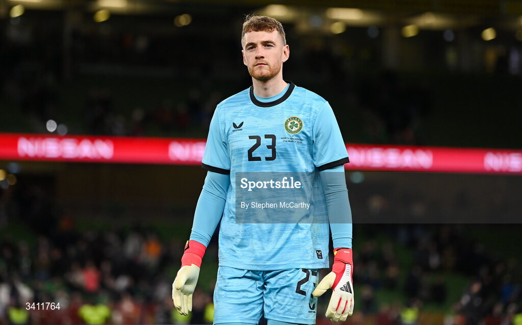31 March 2026; Republic of Ireland goalkeeper Mark Travers during the international friendly match between Republic of Ireland and North Macedonia at Aviva Stadium in Dublin. Photo by Stephen McCarthy/Sportsfile