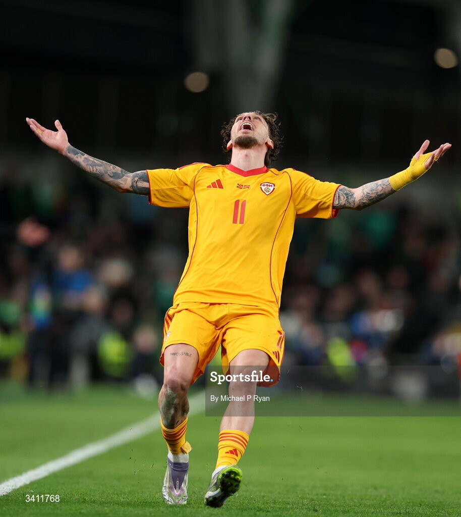 31 March 2026; Darko Churlinov of North Macedonia reacts during the international friendly match between Republic of Ireland and North Macedonia at Aviva Stadium in Dublin. Photo by Michael P Ryan/Sportsfile