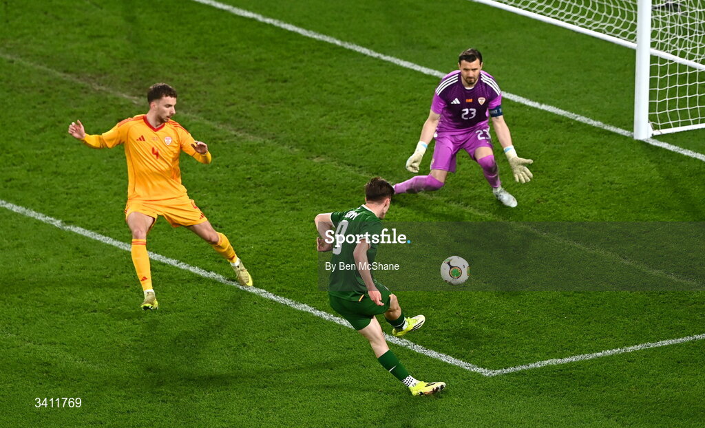 31 March 2026; Johnny Kenny of Republic of Ireland has a shot on goal saved by North Macedonia goalkeeper Stole Dimitrievski during the international friendly match between Republic of Ireland and North Macedonia at Aviva Stadium in Dublin. Photo by Ben McShane/Sportsfile