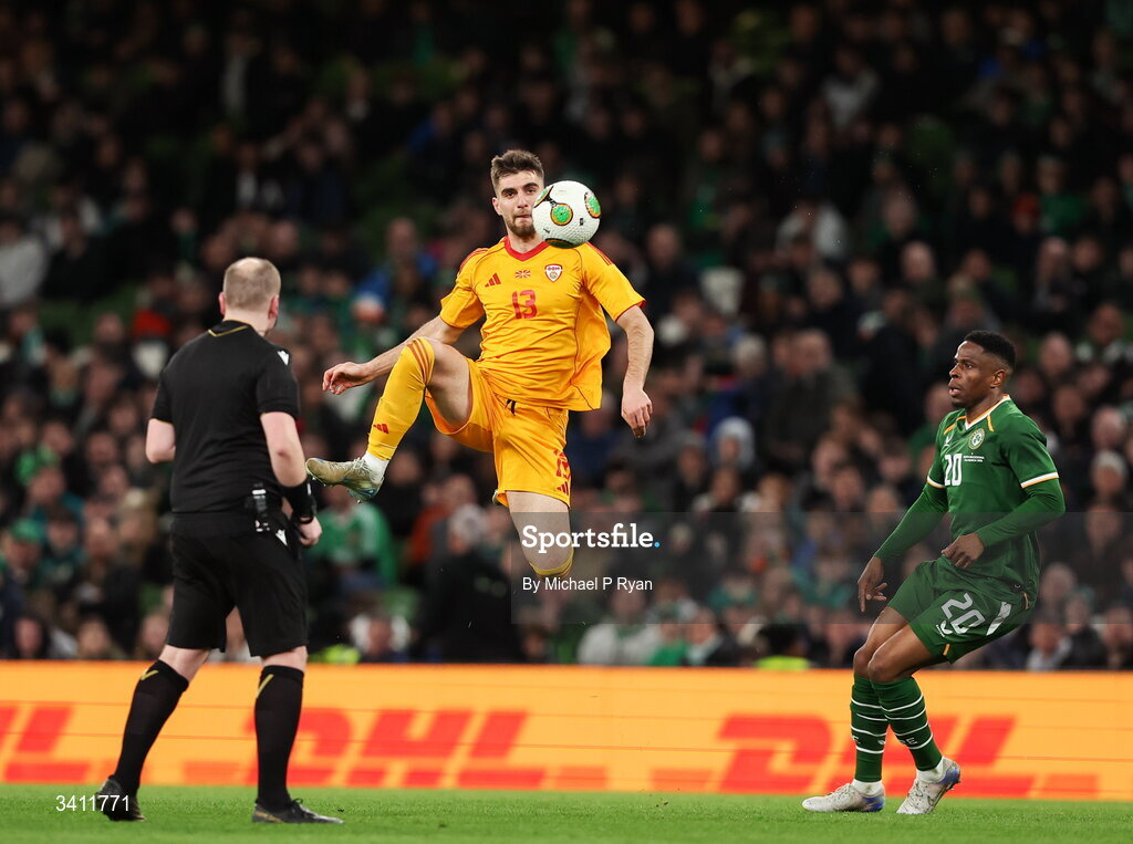 31 March 2026; Imran Fetai of North Macedonia in action against Chiedozie Ogbene of Republic of Ireland during the international friendly match between Republic of Ireland and North Macedonia at Aviva Stadium in Dublin. Photo by Michael P Ryan/Sportsfile