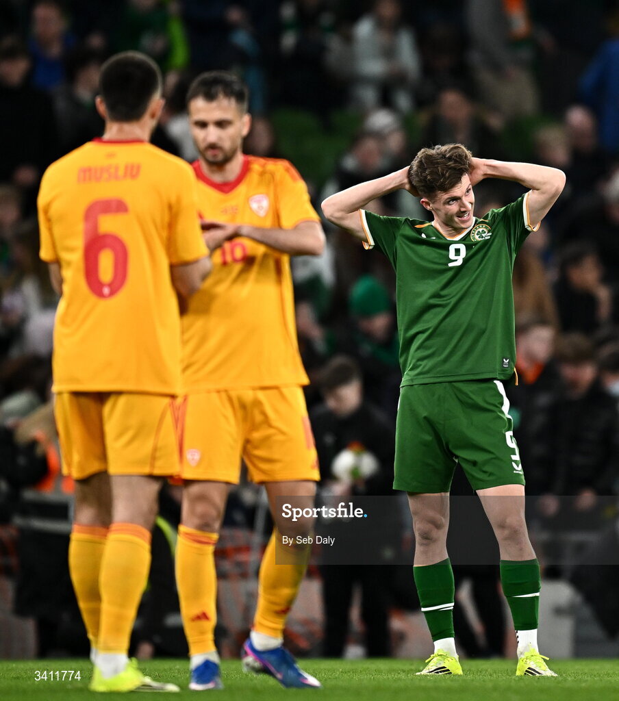 31 March 2026; Johnny Kenny of Republic of Ireland reacts at the final whistle of the international friendly match between Republic of Ireland and North Macedonia at the Aviva Stadium in Dublin. Photo by Seb Daly/Sportsfile