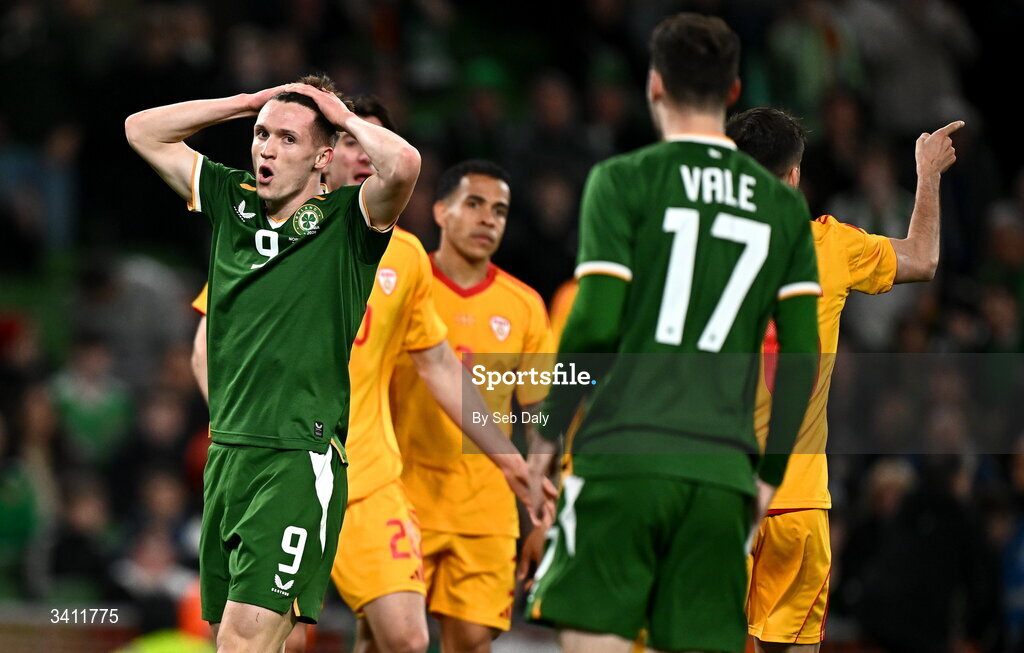 31 March 2026; Johnny Kenny of Republic of Ireland, left, reacts during the international friendly match between Republic of Ireland and North Macedonia at the Aviva Stadium in Dublin. Photo by Seb Daly/Sportsfile