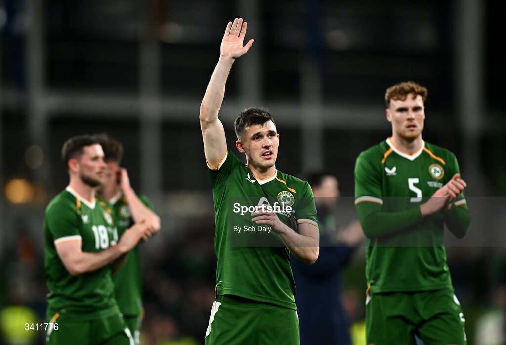 31 March 2026; Jason Knight of Republic of Ireland acknowledges supporters after the international friendly match between Republic of Ireland and North Macedonia at the Aviva Stadium in Dublin. Photo by Seb Daly/Sportsfile