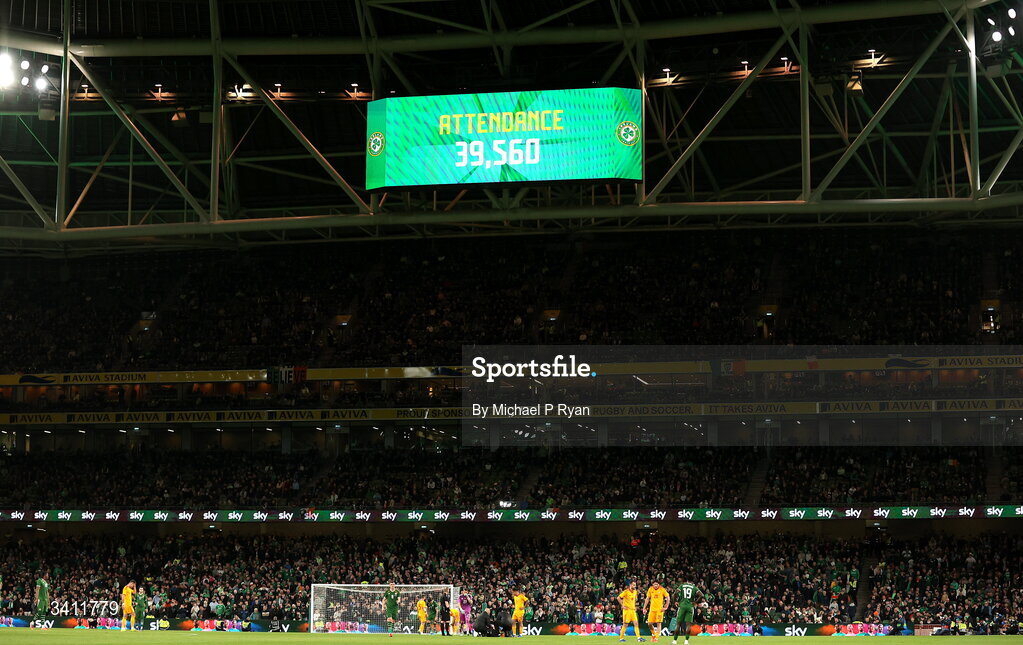 31 March 2026; The attendance is displayed on the big screen during the international friendly match between Republic of Ireland and North Macedonia at Aviva Stadium in Dublin. Photo by Michael P Ryan/Sportsfile