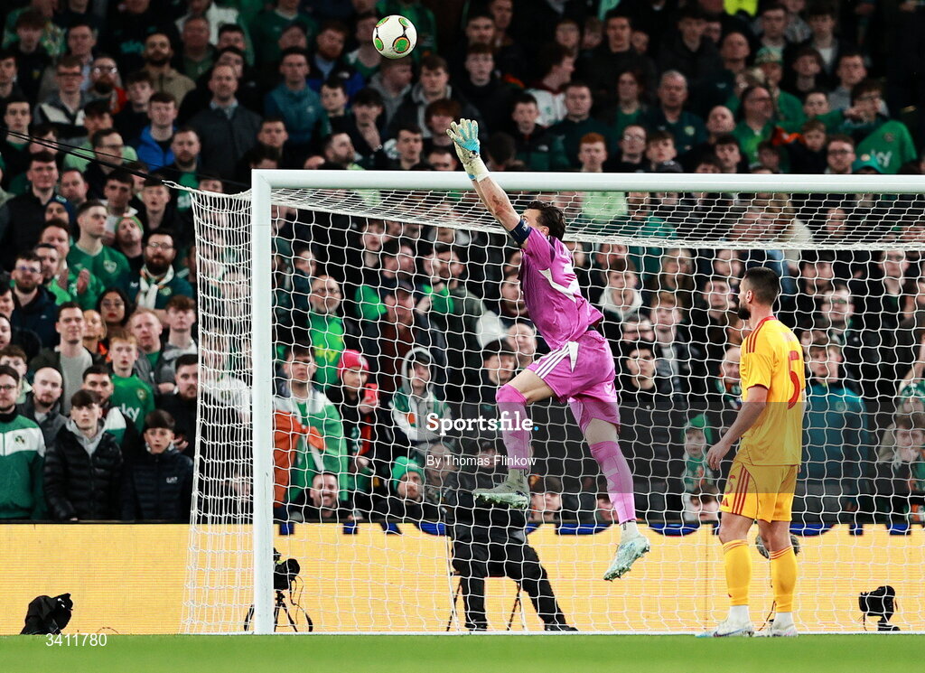 31 March 2026; North Macedonia goalkeeper Dejan Iliev makes a save during the international friendly match between Republic of Ireland and North Macedonia at Aviva Stadium in Dublin. Photo by Thomas Flinkow/Sportsfile