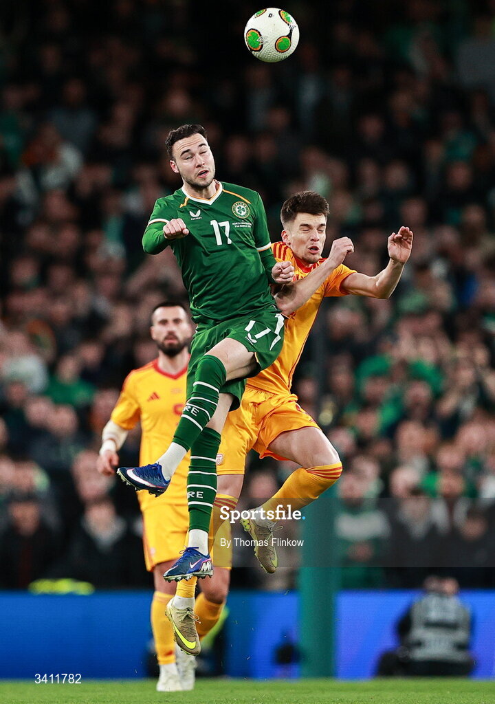 31 March 2026; Harvey Vale of Republic of Ireland in action against Reshat Ramadani of North Macedonia during the international friendly match between Republic of Ireland and North Macedonia at Aviva Stadium in Dublin. Photo by Thomas Flinkow/Sportsfile