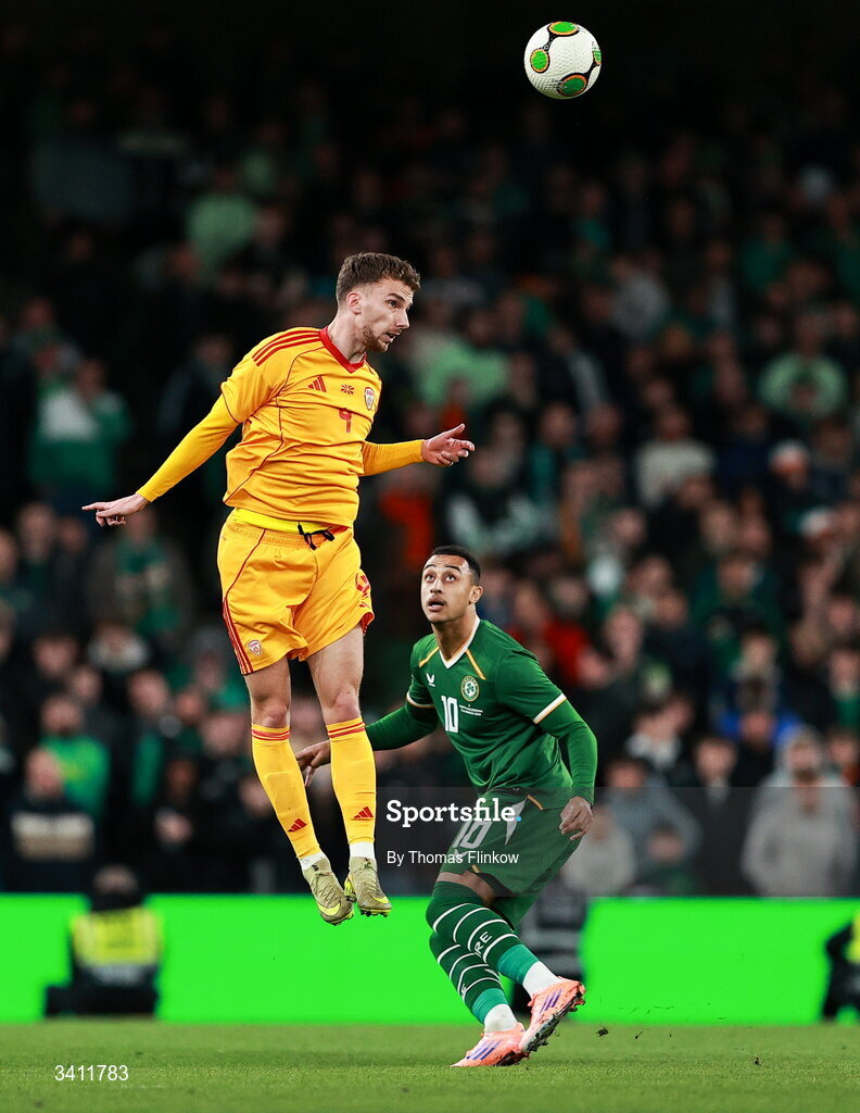 31 March 2026; Daniel Musovski of North Macedonia in action against Adam Idah of Republic of Ireland during the international friendly match between Republic of Ireland and North Macedonia at Aviva Stadium in Dublin. Photo by Thomas Flinkow/Sportsfile