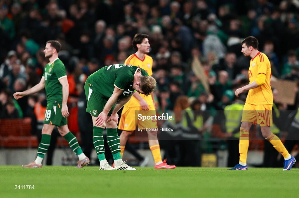 31 March 2026; Nathan Collins of Republic of Ireland reacts after the drawn international friendly match between Republic of Ireland and North Macedonia at Aviva Stadium in Dublin. Photo by Thomas Flinkow/Sportsfile