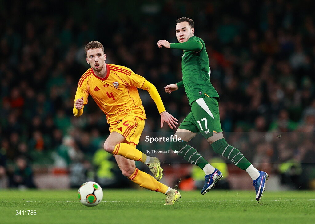 31 March 2026; Nikola Serafimov of North Macedonia in action against Harvey Vale of Republic of Ireland during the international friendly match between Republic of Ireland and North Macedonia at Aviva Stadium in Dublin. Photo by Thomas Flinkow/Sportsfile