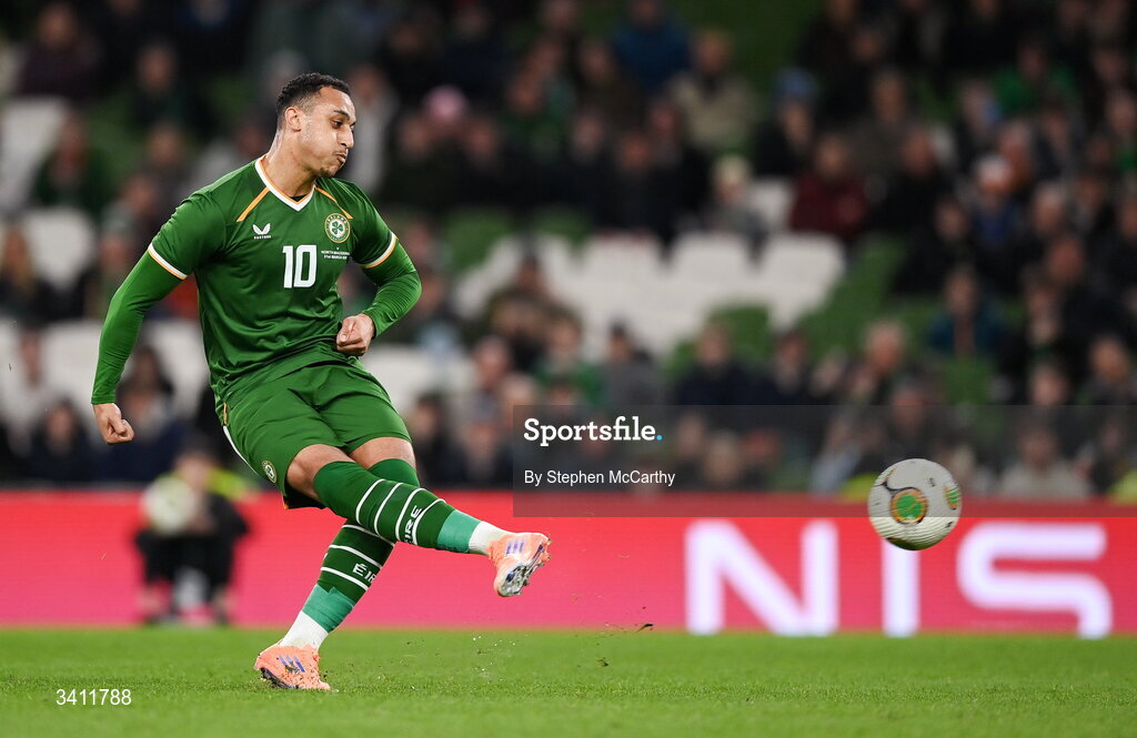 31 March 2026; Adam Idah of Republic of Ireland during the international friendly match between Republic of Ireland and North Macedonia at Aviva Stadium in Dublin. Photo by Stephen McCarthy/Sportsfile