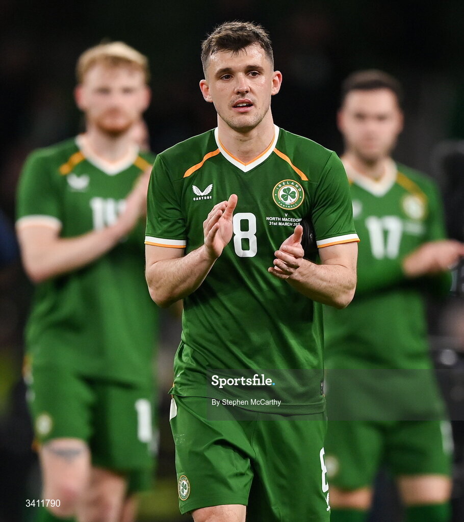 31 March 2026; Jason Knight of Republic of Ireland applauds supporters after the international friendly match between Republic of Ireland and North Macedonia at Aviva Stadium in Dublin. Photo by Stephen McCarthy/Sportsfile