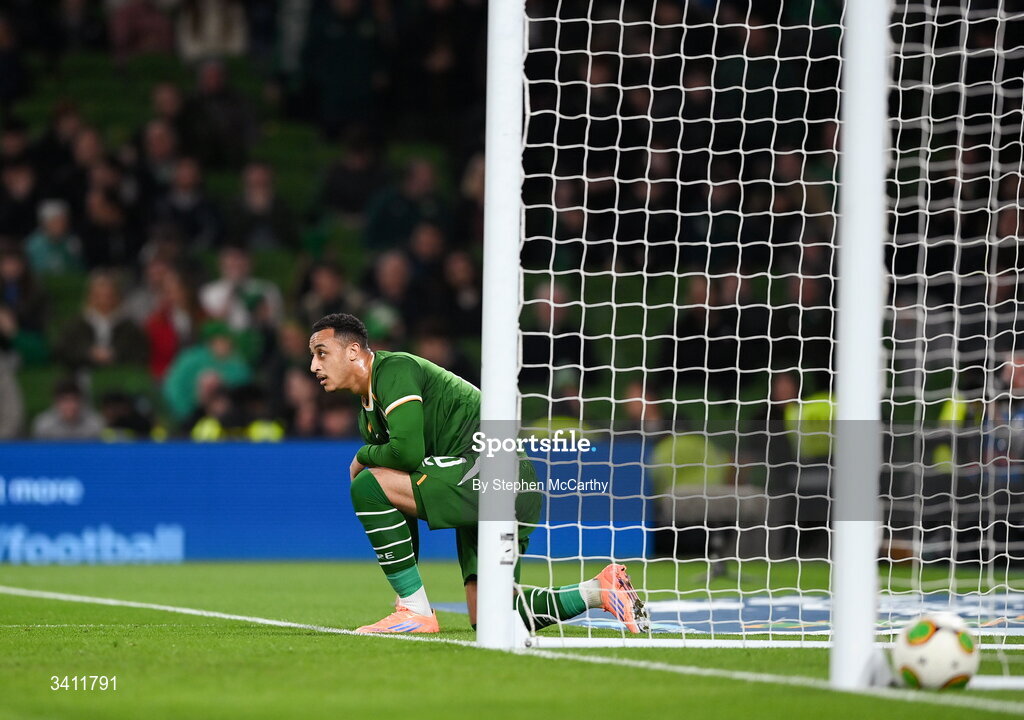 31 March 2026; Adam Idah of Republic of Ireland during the international friendly match between Republic of Ireland and North Macedonia at Aviva Stadium in Dublin. Photo by Stephen McCarthy/Sportsfile