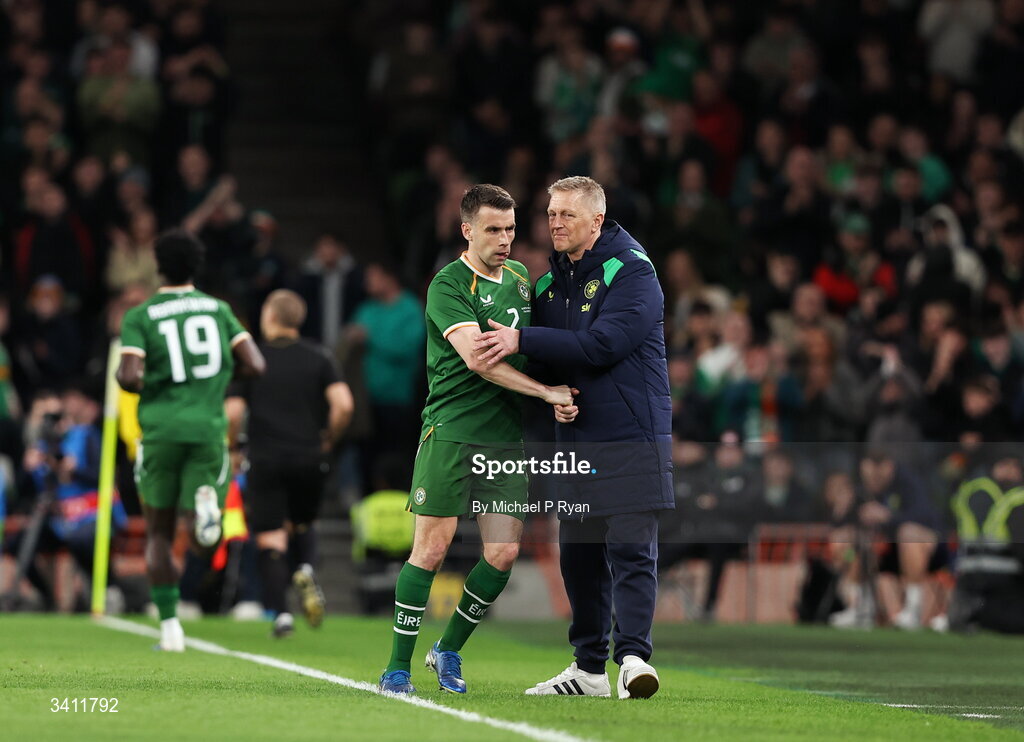 31 March 2026; Seamus Coleman of Republic of Ireland with head coach Heimir Hallgrimsson during the international friendly match between Republic of Ireland and North Macedonia at Aviva Stadium in Dublin. Photo by Michael P Ryan/Sportsfile