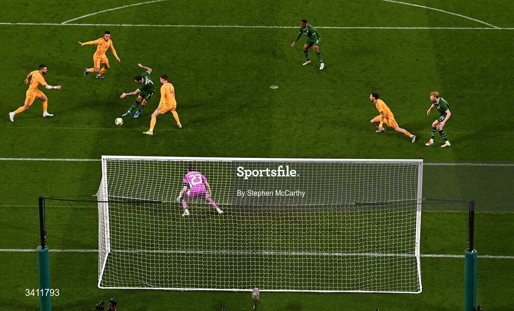 31 March 2026; Troy Parrott of Republic of Ireland has a shot on goal during the international friendly match between Republic of Ireland and North Macedonia at Aviva Stadium in Dublin. Photo by Stephen McCarthy/Sportsfile