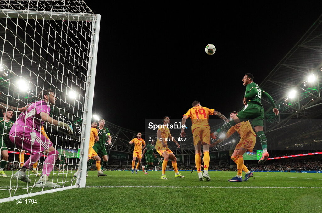 31 March 2026; Adam Idah of Republic of Ireland in action against Ljupche Doriev of North Macedonia during the international friendly match between Republic of Ireland and North Macedonia at Aviva Stadium in Dublin. Photo by Thomas Flinkow/Sportsfile