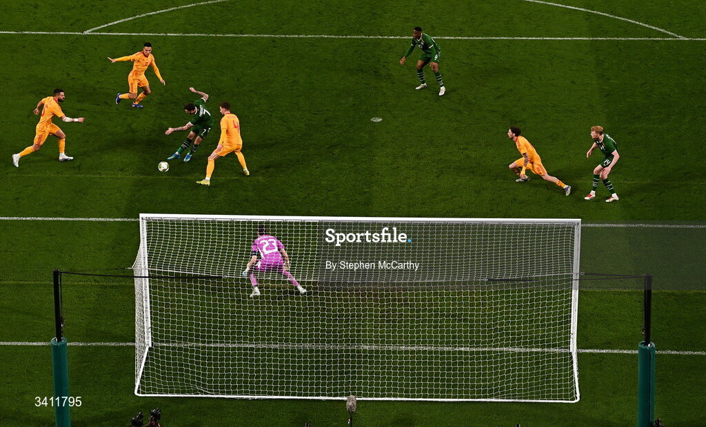 31 March 2026; Troy Parrott of Republic of Ireland has a shot on goal during the international friendly match between Republic of Ireland and North Macedonia at Aviva Stadium in Dublin. Photo by Stephen McCarthy/Sportsfile