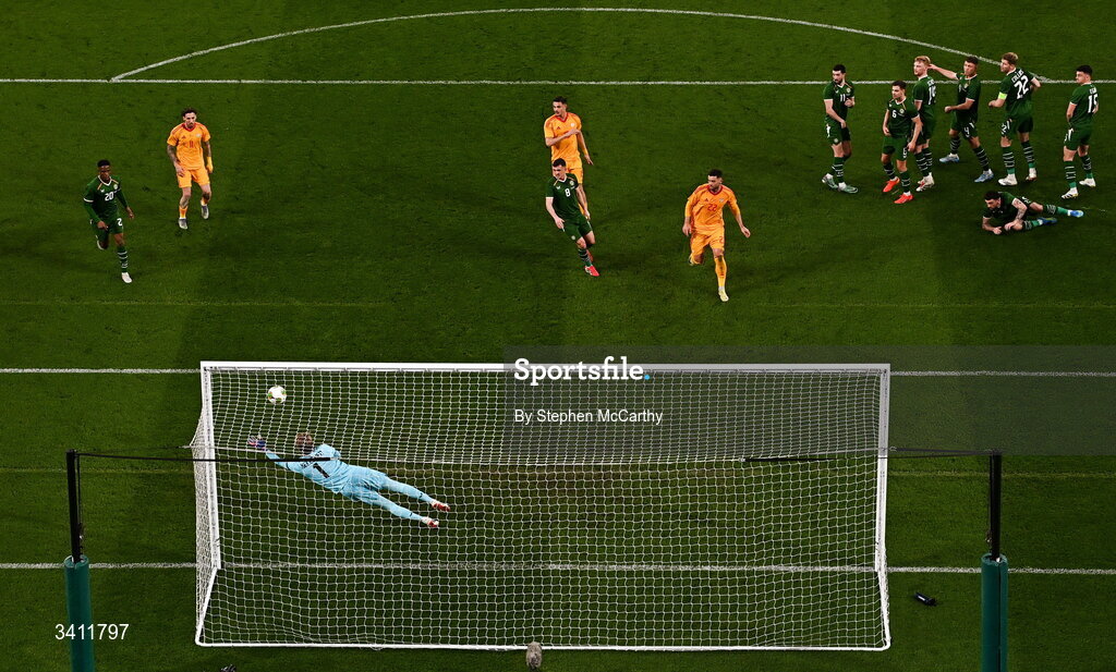 31 March 2026; Republic of Ireland goalkeeper Caoimhin Kelleher makes a save during the international friendly match between Republic of Ireland and North Macedonia at Aviva Stadium in Dublin. Photo by Stephen McCarthy/Sportsfile