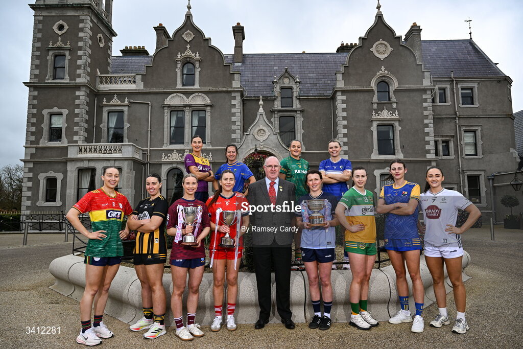 31 March 2026; Leinster LGFA president Arthur Corrigan with players, from left, Roisin Bailey, Carlow; Becky Lomax, Kilkenny; Aisling Halligan, Wexford; Fiona Coyle, Westmeath; Shauna Hogan, Longford; Aine Breen, Louth; Leah Caffrey, Dublin; Niamh Gallogly, Meath; Michelle Mann, OFfaly; Andrea Moran, Laois; Lucy Dunne, Wicklow; and Laoise Lenehan, Kildare; during the launch of the 2026 Leinster LGFA Championships at Killashee Hotel in Naas, Kildare. Photo by Ramsey Cardy/Sportsfile