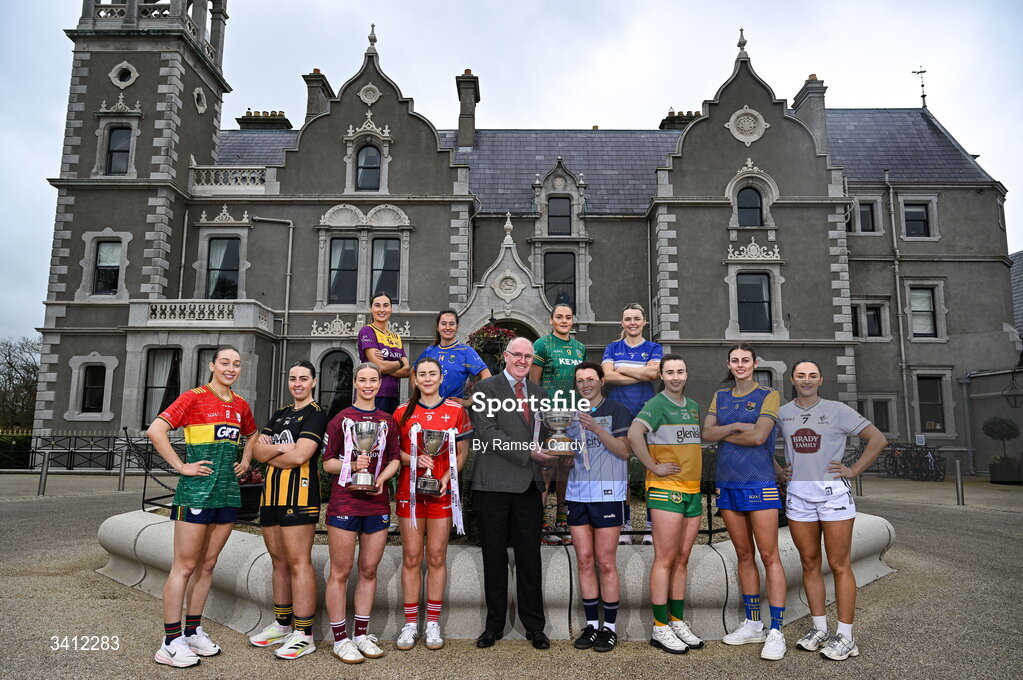 31 March 2026; Leinster LGFA president Arthur Corrigan with players, from left, Roisin Bailey, Carlow; Becky Lomax, Kilkenny; Aisling Halligan, Wexford; Fiona Coyle, Westmeath; Shauna Hogan, Longford; Aine Breen, Louth; Leah Caffrey, Dublin; Niamh Gallogly, Meath; Michelle Mann, OFfaly; Andrea Moran, Laois; Lucy Dunne, Wicklow; and Laoise Lenehan, Kildare; during the launch of the 2026 Leinster LGFA Championships at Killashee Hotel in Naas, Kildare. Photo by Ramsey Cardy/Sportsfile