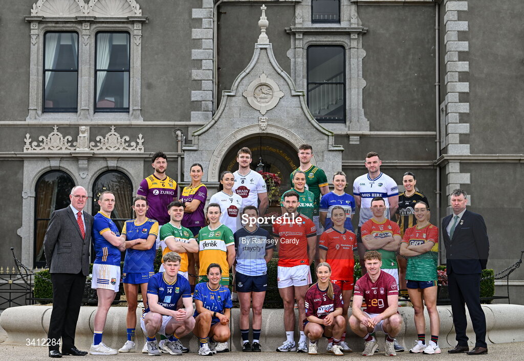 31 March 2026; Leinster LGFA president Arthur Corrigan, left, and Leinster GAA Chairperson Martin Byrne with players, from left, to right, Paddy Fox and Shauna Hagan, Longford; Dean Healy and Lucy Dunne, Wicklow; Shane Tierney and Michelle Mann, Offaly; Aisling Halligan and Eoghan Nolan, Wexford; Leah Caffrey, Dublin; Sam Mulroy and Áine Breen, Louth; Cian mcBride and Niamh Gallogly, Meath; Fiona Coyle and Ronan Wallace, Westmeath; Andrea Moran and Killian Roche, Laois; Becky Lomax, Kilkenny; and Mikey Brambrick and Roisin Bailey of Carlow; during the launch of the 2026 Leinster GAA Senior Football and LGFA Championships at Killashee Hotel in Naas, Kildare. Photo by Ramsey Cardy/Sportsfile