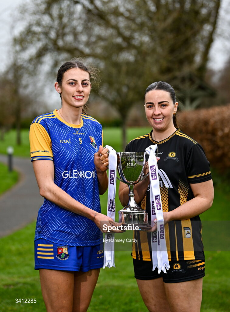 31 March 2026; Shauna Hagan of Longford and Becky Lomax of Kilkenny during the launch of the 2026 Leinster LGFA Championships at Killashee Hotel in Naas, Kildare. Photo by Ramsey Cardy/Sportsfile