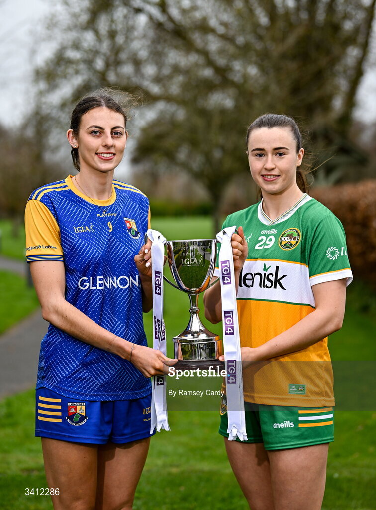 31 March 2026; Shauna Hagan of Longford and Michele Mann of Offaly during the launch of the 2026 Leinster LGFA Championships at Killashee Hotel in Naas, Kildare. Photo by Ramsey Cardy/Sportsfile