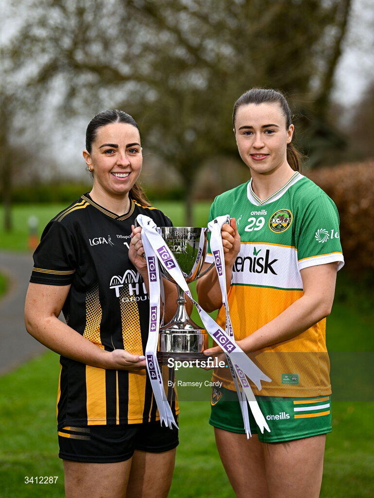 31 March 2026; Becky Lomax of Kilkenny and Michele Mann of Offaly during the launch of the 2026 Leinster LGFA Championships at Killashee Hotel in Naas, Kildare. Photo by Ramsey Cardy/Sportsfile