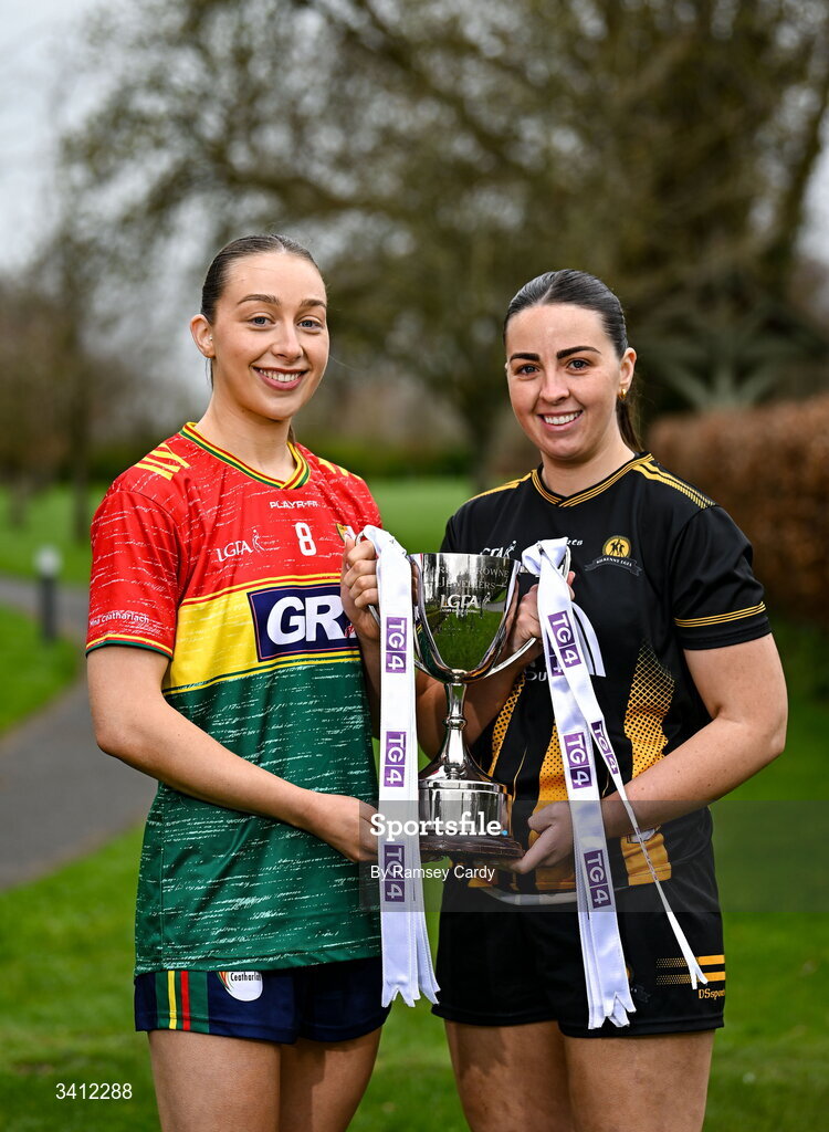 31 March 2026; Roisin Bailey of Carlow and Becky Lomax of Kilkenny during the launch of the 2026 Leinster LGFA Championships at Killashee Hotel in Naas, Kildare. Photo by Ramsey Cardy/Sportsfile