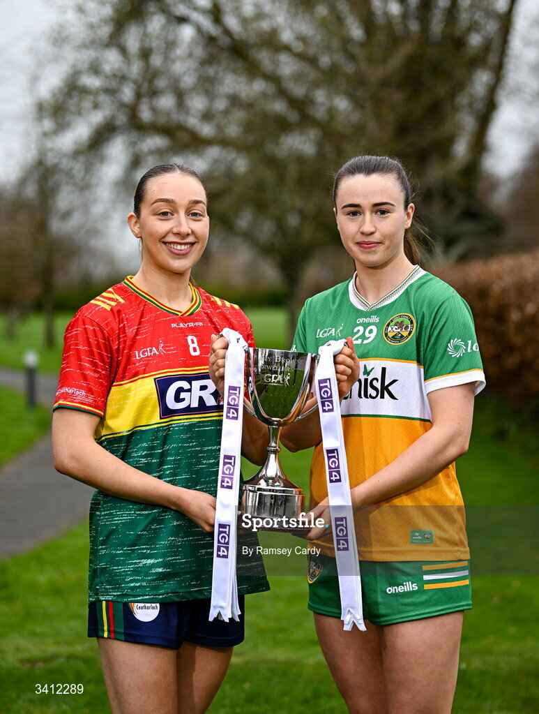 31 March 2026; Roisin Bailey of Carlow and Michele Mann of Offaly during the launch of the 2026 Leinster LGFA Championships at Killashee Hotel in Naas, Kildare. Photo by Ramsey Cardy/Sportsfile