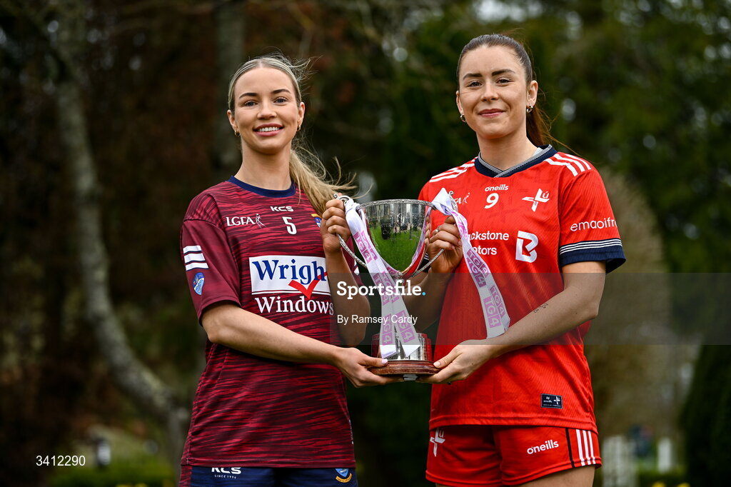 31 March 2026; Fiona Coyle of Westmeath and Áine Breen of Louth during the launch of the 2026 Leinster LGFA Championships at Killashee Hotel in Naas, Kildare. Photo by Ramsey Cardy/Sportsfile