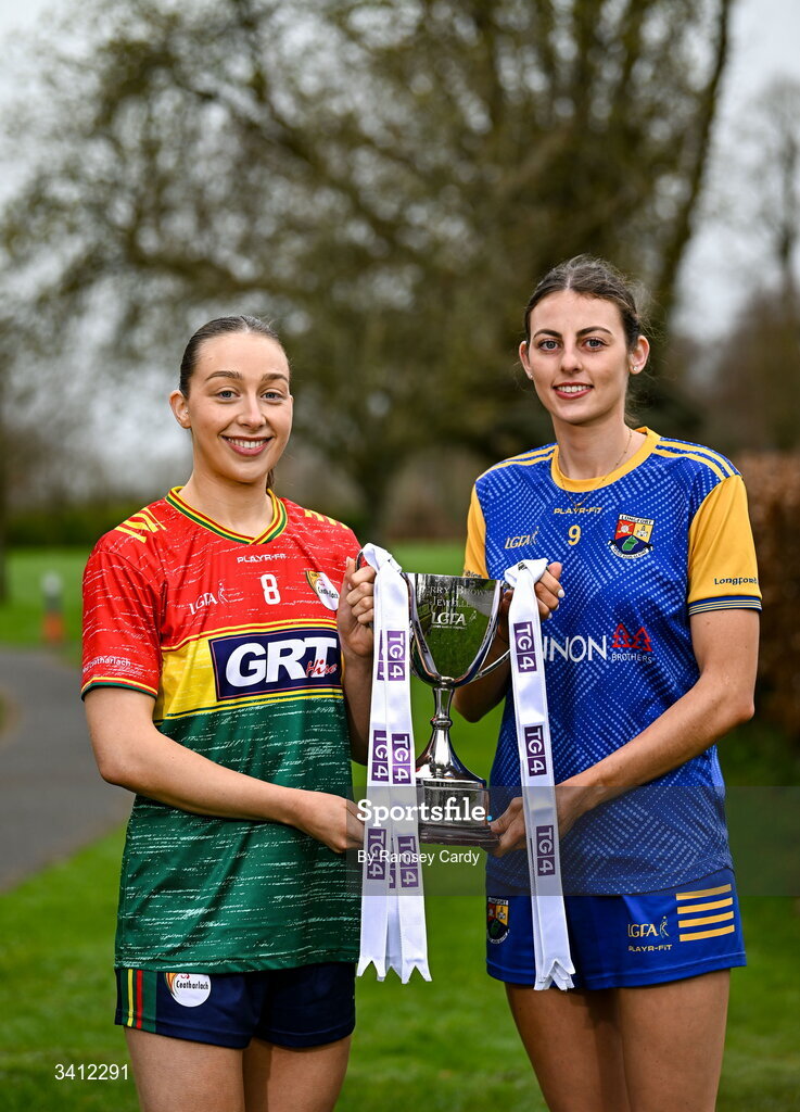 31 March 2026; Roisin Bailey of Carlow and Shauna Hagan of Longford during the launch of the 2026 Leinster LGFA Championships at Killashee Hotel in Naas, Kildare. Photo by Ramsey Cardy/Sportsfile