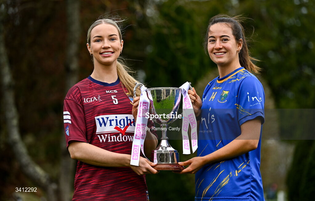 31 March 2026; Fiona Coyle of Westmeath and Lucy Dunne of Wicklow during the launch of the 2026 Leinster LGFA Championships at Killashee Hotel in Naas, Kildare. Photo by Ramsey Cardy/Sportsfile