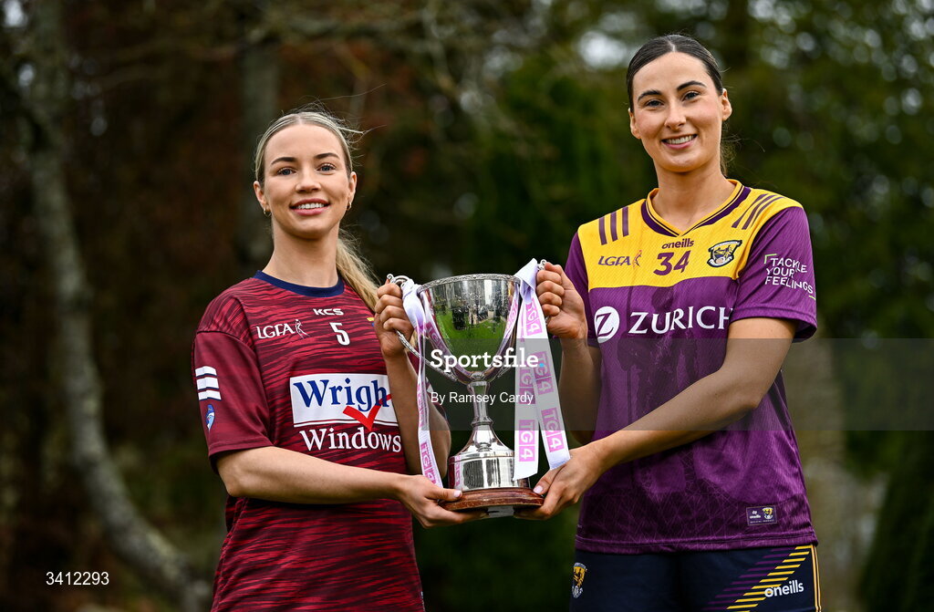 31 March 2026; Fiona Coyle of Westmeath and Aisling Halligan of Wexford during the launch of the 2026 Leinster LGFA Championships at Killashee Hotel in Naas, Kildare. Photo by Ramsey Cardy/Sportsfile