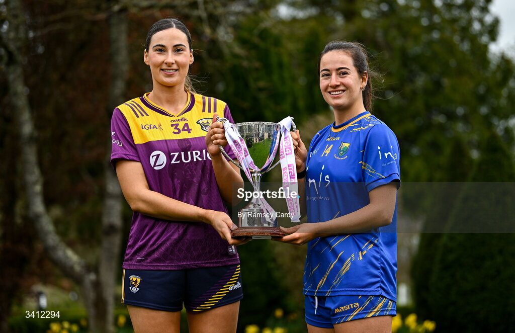 31 March 2026; Aisling Halligan of Wexford and Lucy Dunne of Wicklow during the launch of the 2026 Leinster LGFA Championships at Killashee Hotel in Naas, Kildare. Photo by Ramsey Cardy/Sportsfile