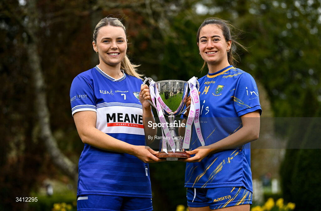 31 March 2026; Andrea Moran of Laois and Lucy Dunne of Wicklow during the launch of the 2026 Leinster LGFA Championships at Killashee Hotel in Naas, Kildare. Photo by Ramsey Cardy/Sportsfile