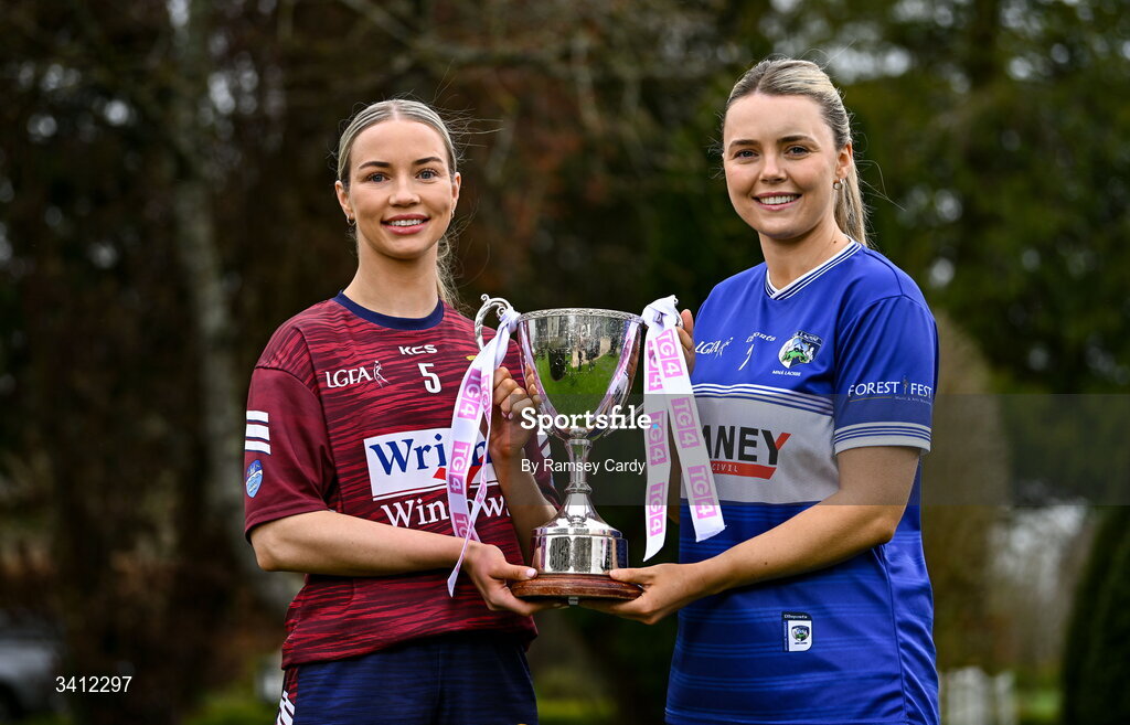 31 March 2026; Fiona Coyle of Westmeath and Andrea Moran of Laois during the launch of the 2026 Leinster LGFA Championships at Killashee Hotel in Naas, Kildare. Photo by Ramsey Cardy/Sportsfile