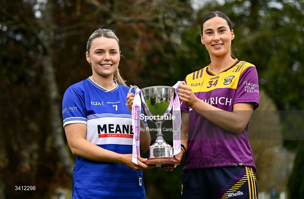 31 March 2026; Andrea Moran of Laois and Aisling Halligan of Wexford during the launch of the 2026 Leinster LGFA Championships at Killashee Hotel in Naas, Kildare. Photo by Ramsey Cardy/Sportsfile