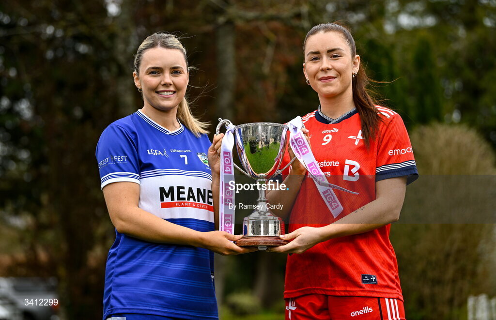 31 March 2026; Andrea Moran of Laois and Áine Breen of Louth during the launch of the 2026 Leinster LGFA Championships at Killashee Hotel in Naas, Kildare. Photo by Ramsey Cardy/Sportsfile