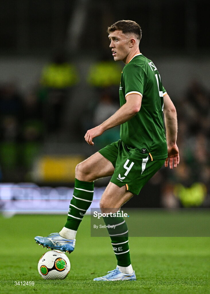 31 March 2026; Dara O'Shea of Republic of Ireland during the international friendly match between Republic of Ireland and North Macedonia at the Aviva Stadium in Dublin. Photo by Seb Daly/Sportsfile