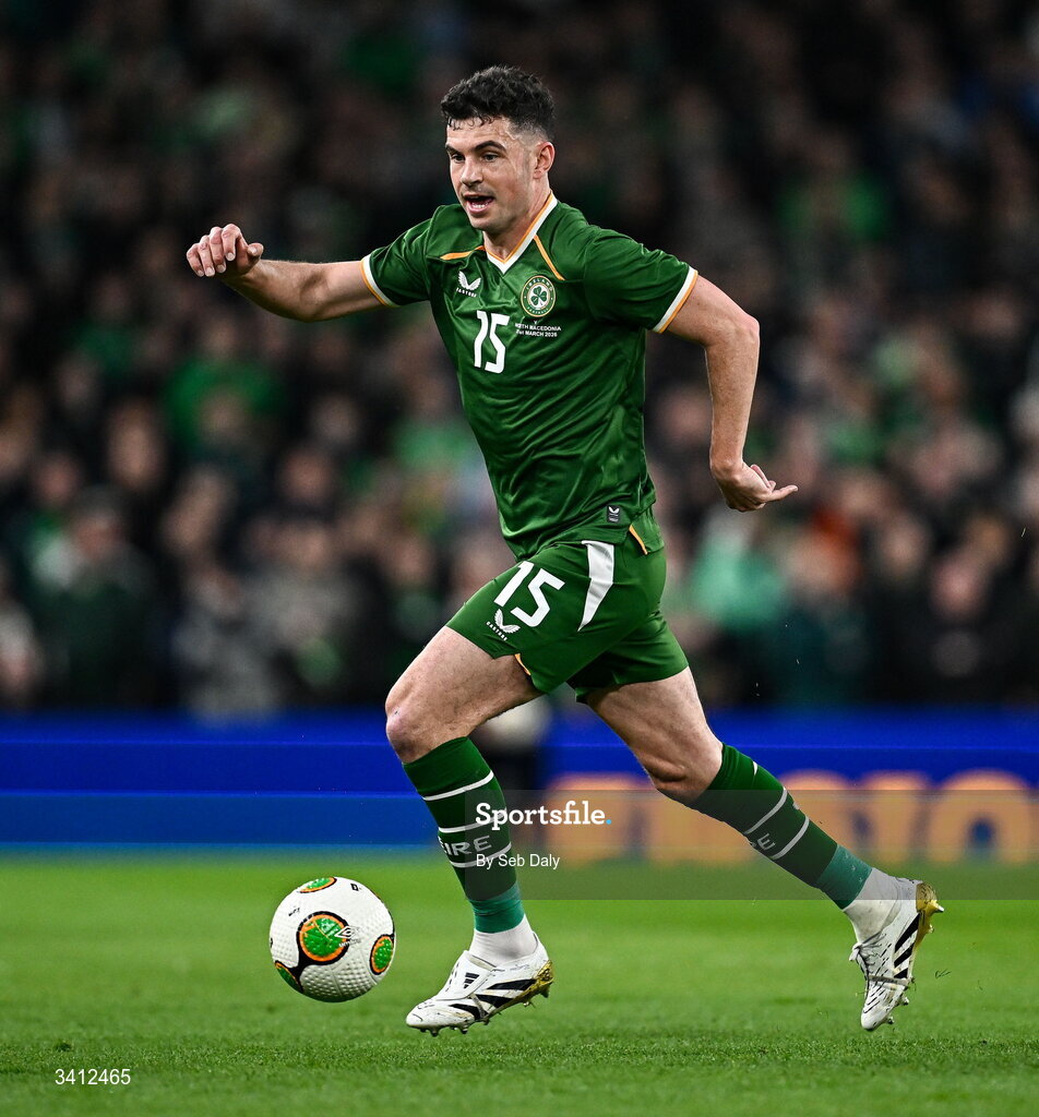 31 March 2026; John Egan of Republic of Ireland during the international friendly match between Republic of Ireland and North Macedonia at the Aviva Stadium in Dublin. Photo by Seb Daly/Sportsfile