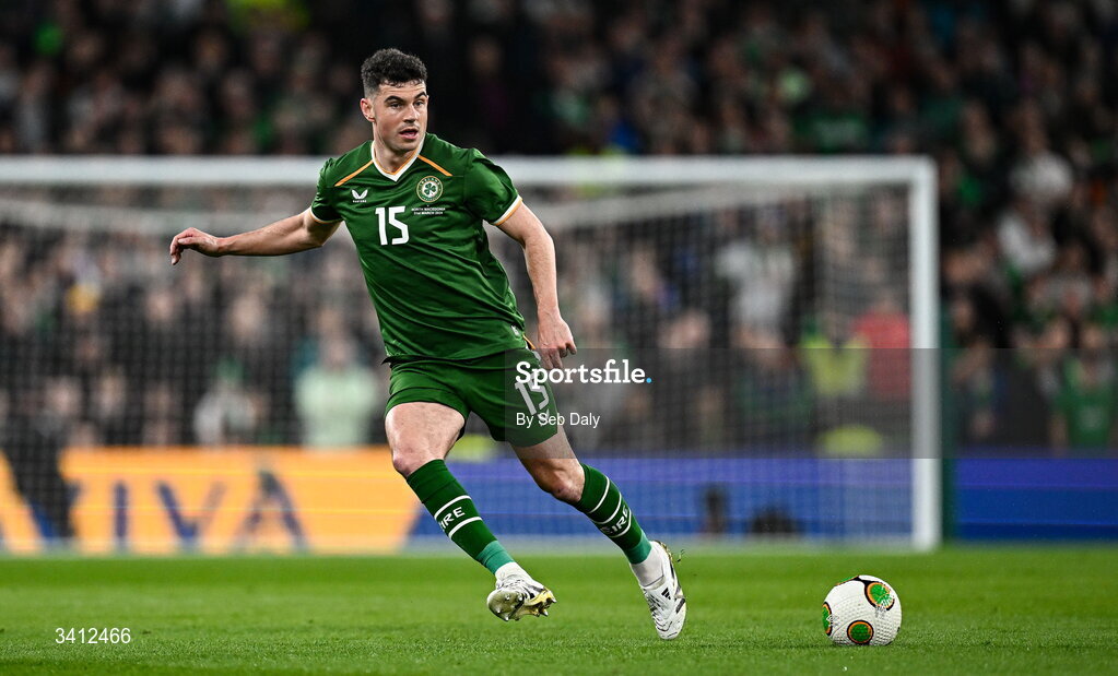 31 March 2026; John Egan of Republic of Ireland during the international friendly match between Republic of Ireland and North Macedonia at the Aviva Stadium in Dublin. Photo by Seb Daly/Sportsfile