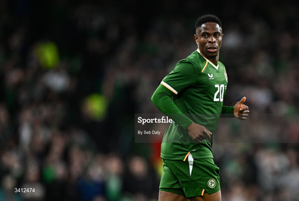 31 March 2026; Chiedozie Ogbene of Republic of Ireland during the international friendly match between Republic of Ireland and North Macedonia at the Aviva Stadium in Dublin. Photo by Seb Daly/Sportsfile